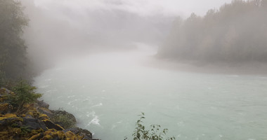 Bella Coola river in fog from Rip Rap Camp Site platform